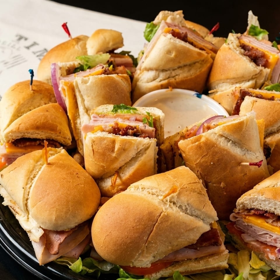 A black platter filled with various Prime Time Deli sandwiches and sliders, with a side of dipping sauce.