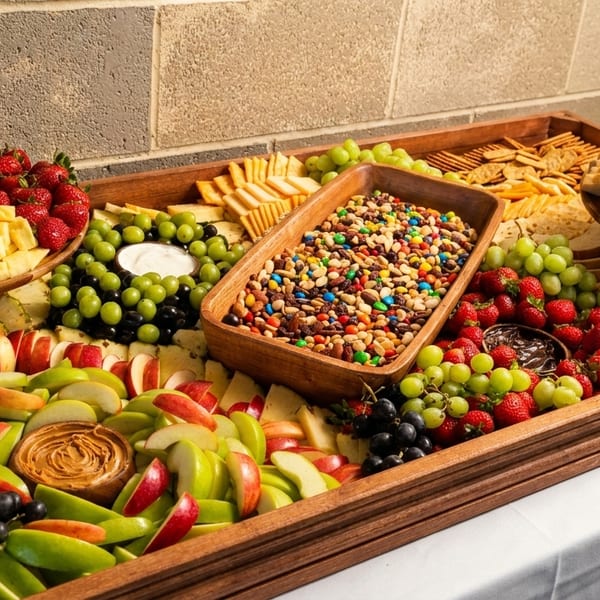 Large wooden tray filled with fresh fruit, crackers, bread, trail mix, and dips.