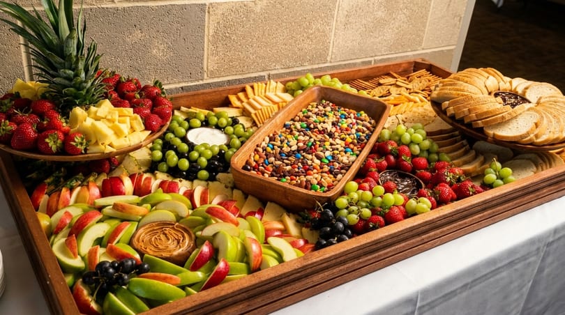 Large wooden tray filled with fresh fruit, crackers, bread, trail mix, and dips.