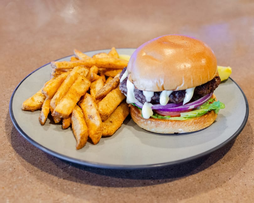 A juicy burger with lettuce, tomato, red onion, and white sauce, served with golden fries.